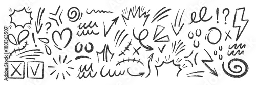 Set of movement elements with crayon, pastel or chalk texture. Expressive, emotion and decoration lines with flower, arrow, spiral and check in sketch style. Black vector illustration.