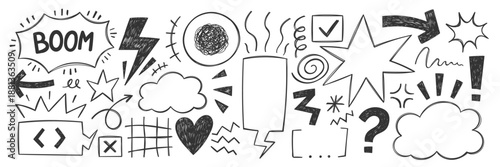 Set of y2k doodle speech bubbles with crayon, chalk or pencil texture. Bolt, star, heart and grid in sketch style. Black vector illustration on a white background.