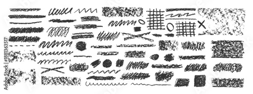 Chalk lines, charcoal highlight strokes doodle set. Grunge hand drawing doodle charcoal squiggles, chalk curly lines. Sketch vector illustration isolated on a white background.