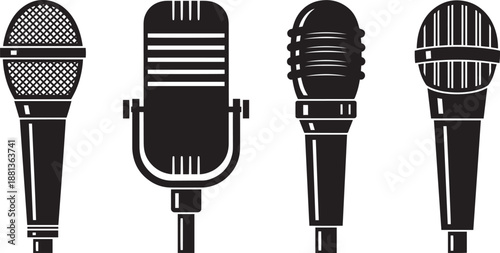Collection of microphone icons in different styles on transparent background