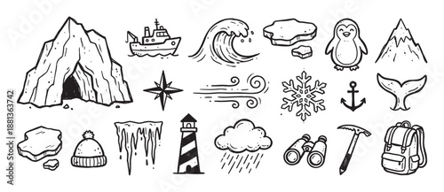 Collection of hand-drawn arctic and nautical doodle icons featuring a penguin, iceberg, ship, lighthouse, mountain, and snowflake in a charming black and white sketch style