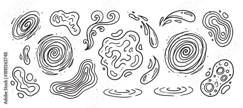 Hand-drawn abstract doodle shapes collection with various organic forms like spirals, swirls, splashes, and blobs in a black and white sketch style