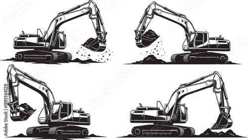 Heavy excavator machinery set working at construction site artwork