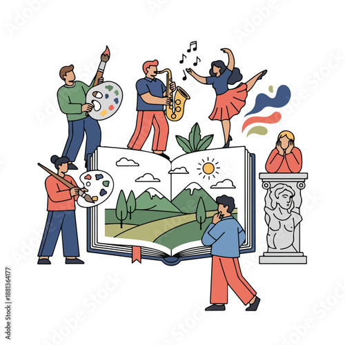 A colorful illustration depicts people engaging in arts