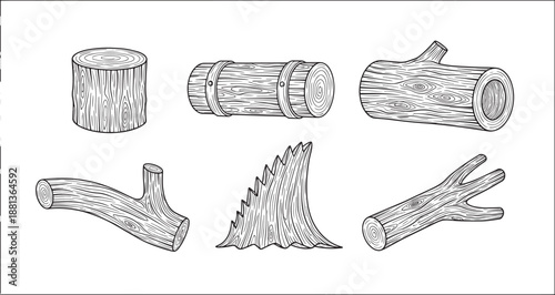 Collection of rough wood log and timber pieces