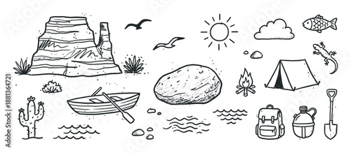 Set of hand-drawn camping and adventure icons featuring a tent, campfire, boat, canyon, and other outdoor elements in a black and white doodle sketch style illustration