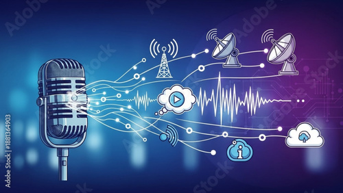Microphone broadcasting sound waves to satellite dishes and cloud storage symbolizing global communication and digital audio transmission technology
