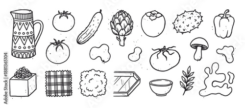 Hand drawn black and white doodle set of various vegetables, fruits, and kitchenware icons illustrated in a simple, sketchy line art style for creative design projects