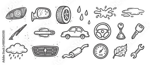 Hand-drawn car parts and driving icons set in a black and white doodle style showing various automotive elements like a wheel, key, steering wheel, and headlight for vehicle concepts
