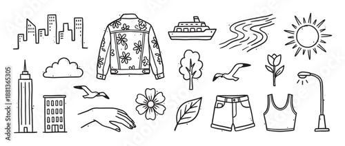 Collection of hand-drawn black and white doodle icons featuring city life, nature, and summer fashion elements like a jacket, shorts, sun, and buildings in a simple sketch style