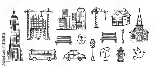 Set of hand-drawn city life icons featuring buildings, transport, a church, and urban street elements in a simple black and white line art doodle style collection