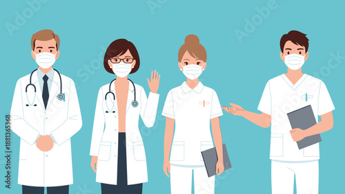 Diverse team of dedicated doctors and nurses wearing protective masks in a medical setting