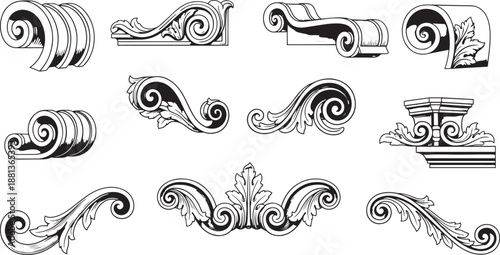 Architectural elements and decorative ornaments on transparent background