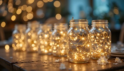 Fairy lights in glass jars, rustic table setup, bokeh background, aesthetic lighting
