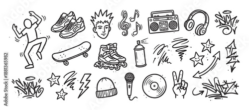 Set of hand-drawn graffiti style doodles featuring hip-hop and street culture elements like a boombox, skateboard, and spray can in a black and white line art illustration