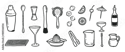 Hand-drawn set of black line art cocktail making icons featuring a shaker, jigger, strainer, glass, citrus, and other barware essentials for mixology in a simple doodle style