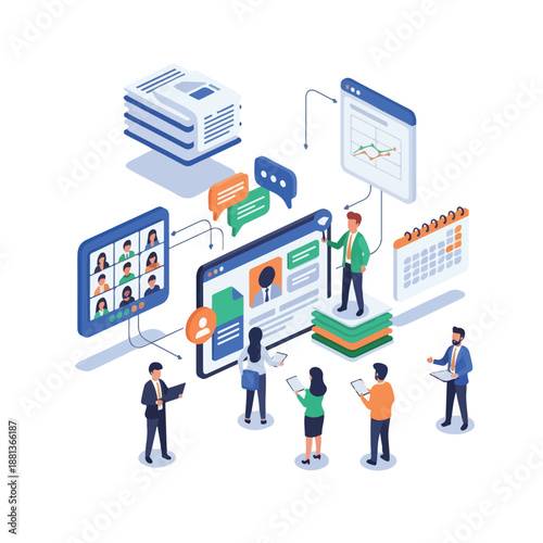 A colorful illustration of people interacting with large computer icons