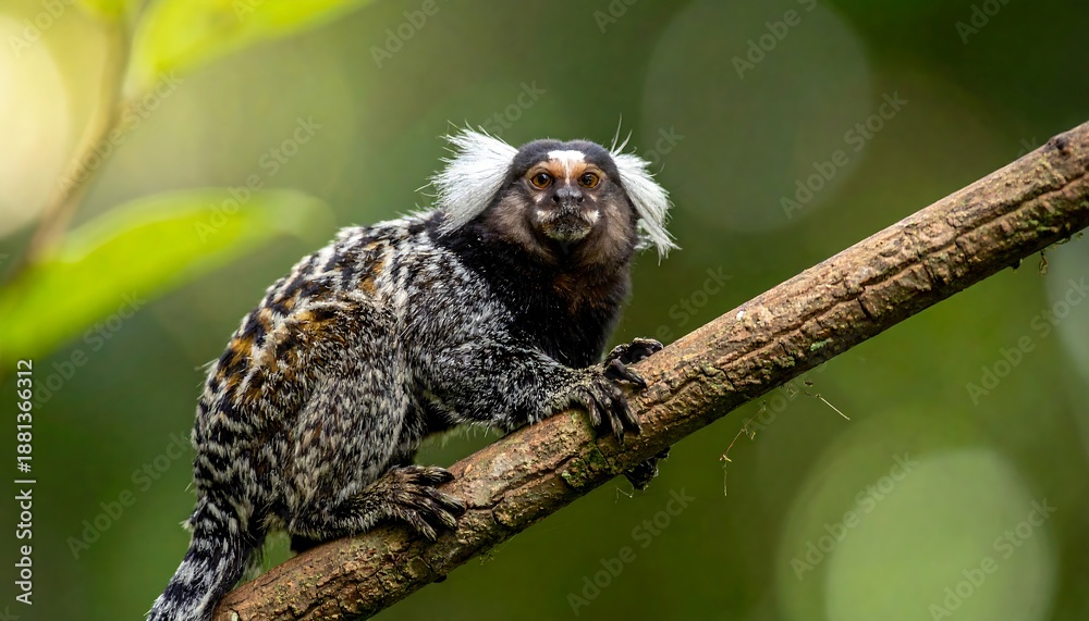 Fototapeta premium A small primate with striking fur and facial features perches on a branch