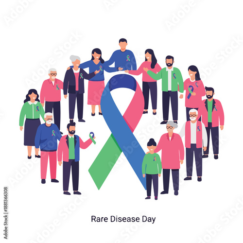 A group of people surrounding a large ribbon