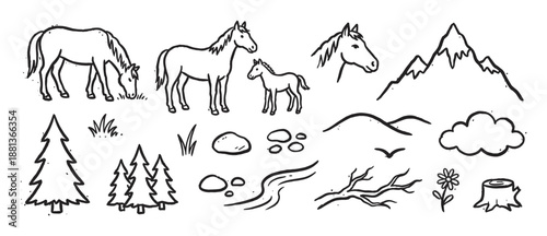 Set of black line art nature doodles featuring horses, a foal, mountains, trees, and other rustic outdoor elements in a simple hand-drawn sketch style