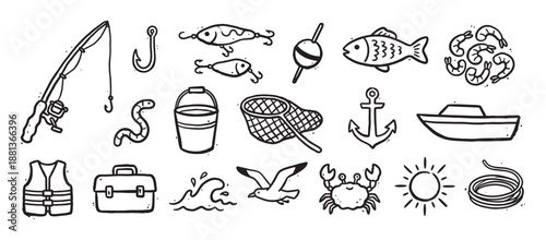Hand-drawn fishing and sea life icons collection in a charming black and white doodle style, featuring a rod, lure, boat, anchor, fish, crab, and other nautical equipment