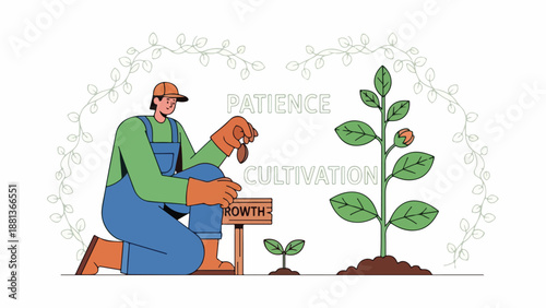 A man cultivates plants emphasizing patience and growth