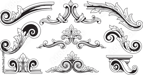 Vintage floral ornaments baroque scroll decoration engraving vector