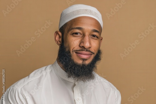 Portrait of a bearded man wearing traditional religious headwear smiles against a plain background