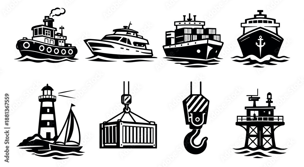 Fototapeta premium Stylized maritime set featuring various vessels, navigation aids, and port equipment for transportation and logistics concepts