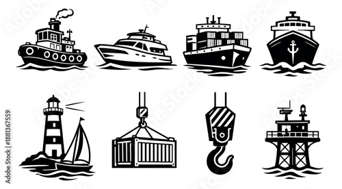 Stylized maritime set featuring various vessels, navigation aids, and port equipment for transportation and logistics concepts
