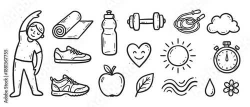 Charming collection of hand-drawn healthy lifestyle doodle icons including a stretching person, yoga mat, dumbbell, apple, and other wellness symbols in a monochrome sketch style