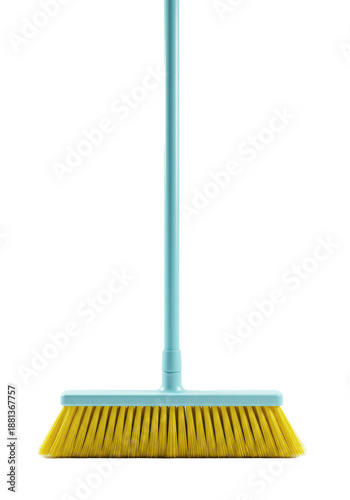 Modern ergonomic floor broom with yellow bristles and a blue handle isolated on a white background, 3d render. Concept of domestic hygiene and modern utility