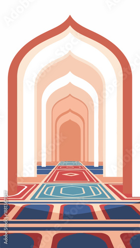 A serene corridor with colorful arches and patterned rugs