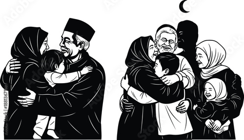 Muslim family members embracing, celebrating Eid al-Fitr, togetherness
