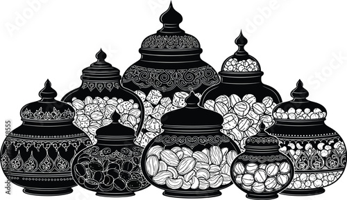 Ornate black jars filled with assorted nuts, traditional containers