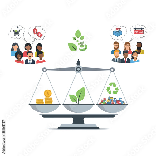 A scale balancing money, nature, and consumer goods