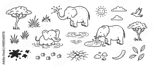 Hand-drawn black and white doodle set of cute elephants playing, drinking water, and bathing in a savanna landscape with trees, sun, and other nature elements in a charming cartoon style