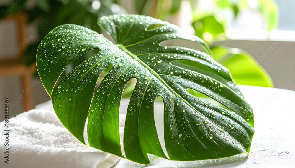 Obraz premium Dew-Kissed Monstera Leaf on White Surface