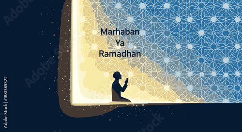 A serene silhouette of a person praying during the holy month of Ramadan, illuminated by a warm, spiritual glow, symbolizing welcome and devotion.