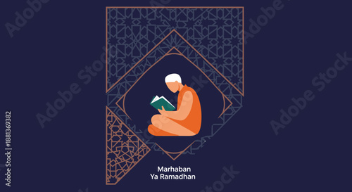 A serene illustration of a Muslim man devoutly reading the holy Quran during Ramadan, surrounded by elegant Islamic geometric patterns.