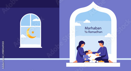 A heartwarming illustration captures a Muslim family celebrating Marhaban Ya Ramadhan, exchanging gifts and blessings in a beautifully designed home interior.