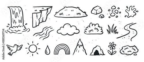 Collection of hand-drawn nature doodle icons featuring a waterfall, mountain, sun, and river in a simple black and white sketch style with a playful, minimalist aesthetic