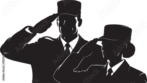 Silhouetted vintage couple, a man in uniform and a woman in a hat, sit together sharing a romantic drink at sunset in a retro graphic illustration