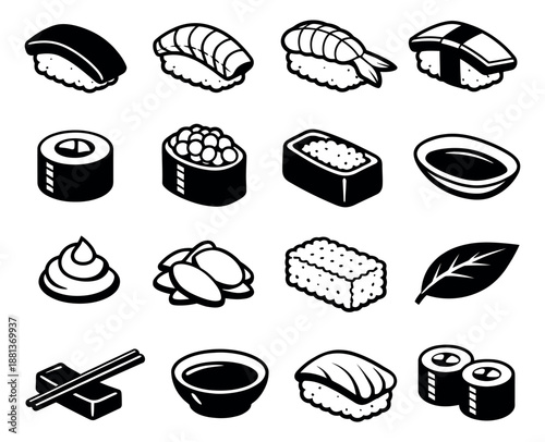 Clean line art Japanese food icon set featuring various sushi, sashimi, and condiments for menu design