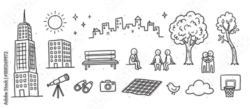 Large collection of hand-drawn city doodles featuring urban and park elements like skyscrapers, people, trees, and a bench in a charming black and white line art illustration style