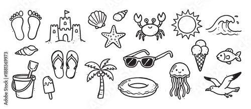 Collection of hand-drawn summer beach doodles featuring a sandcastle, crab, palm tree, and ice cream in a cute and playful black and white line art cartoon illustration style