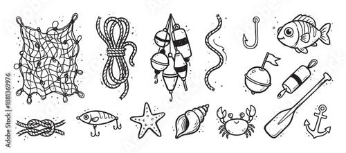 Collection of black and white nautical illustrations featuring a fishing net, rope, anchor, fish, crab, shell, and buoys in a charming hand-drawn sketch style