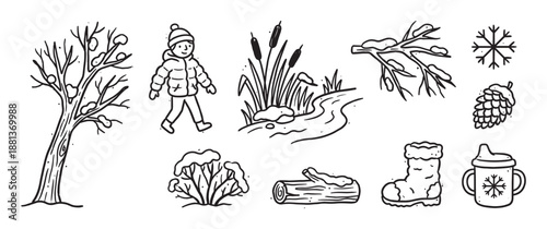 Set of hand-drawn winter icons featuring a walking child, snowy tree, pinecone, snowflake, boot, and nature elements in a simple black and white doodle line art style