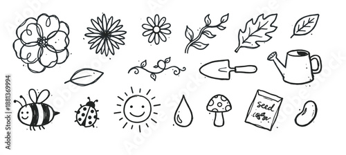 Set of hand-drawn gardening and nature doodles featuring flowers, insects, a smiling sun, and tools in a simple black and white line art illustration style