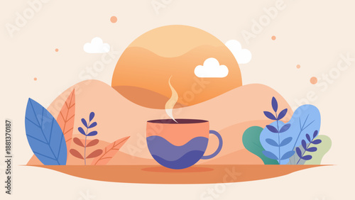 Steaming coffee cup in front of colorful sunrise landscape with hills and abstract foliage